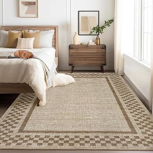 GarveeHome 5x7 Washable Area Rug for Bedroom Living Room Non Slip Modern Bordered Throw Rugs Low Pile Soft Checkered Dining Room Area Rugs Geometric Throw Carpet for Kitchen Nursery Office, Taupe