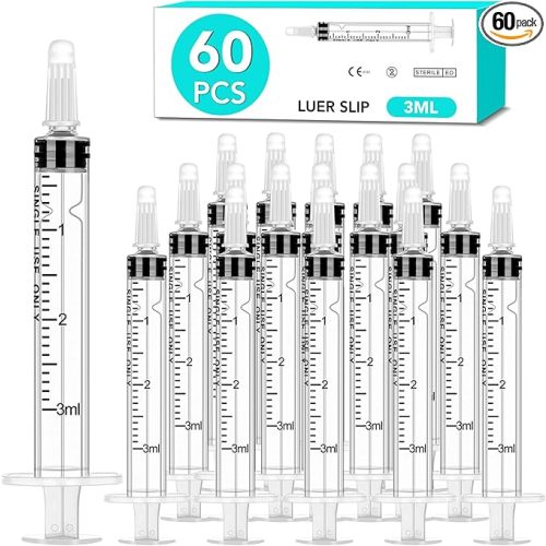 60 PCS 3ml Syringes with Cap for Liquid, Oral Syringe without Needle for Medicine Dropper, Colostrum Collect, Feeding Pets, Liquid Measuring, Individually Sealed, Luer Slip