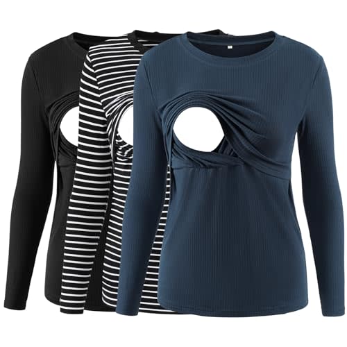 Liu & Qu Women's Nursing Tops Ribbed Long Sleeves Maternity Shirts Double Layer Breastfeeding Shirts Pregnancy Clothes 3 Pack