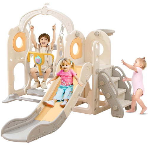 KATLAZIC Toddler Slide with Swing Set, 6-in-1 Indoor Playset for Ages 1-3, L Shaped Slide with Basketball, Baby Slide Hoop for Boys and Girls