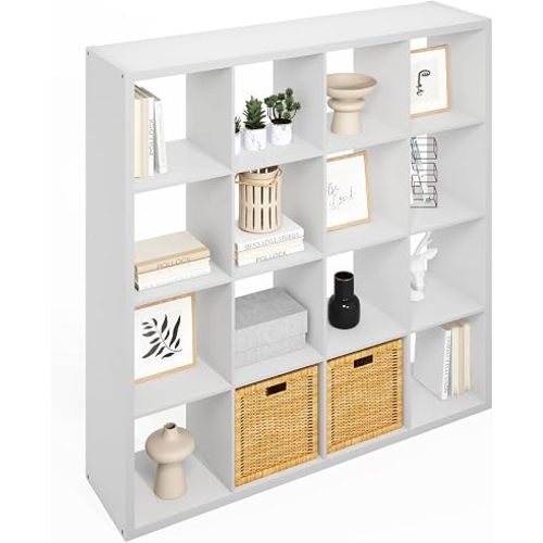 Furinno Simple Cube Storage Organizer, 16-Cube Display Shelf, Open Back Shelving Unit, Storage Shelves, Extra Thick Frame, for Organization and Storage, Living Room, Home Office, White