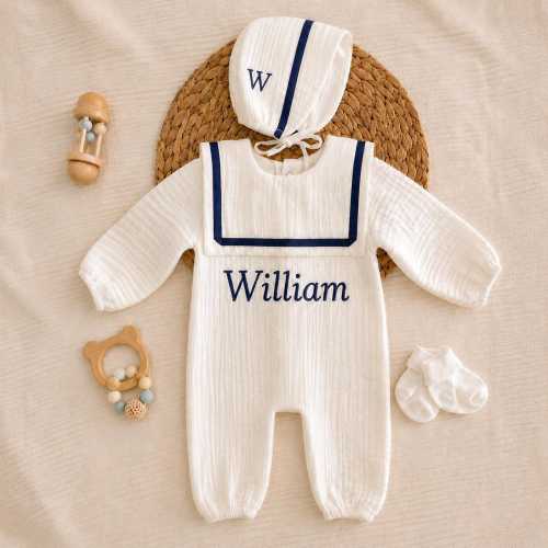 Personalized Muslin Baby Sailor Outfit, Custom Name Newborn Romper, Baby Boy Coming Home Outfit, Nautical Baby Shower Gift