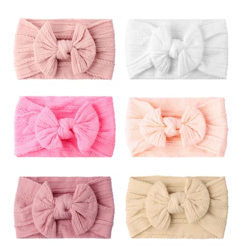 Baby Headbands, Baby girl Bows Soft Stretchy Nylon Hair Accessories | for Newborn Infant Toddler (6 Pack,Bow,Beige)