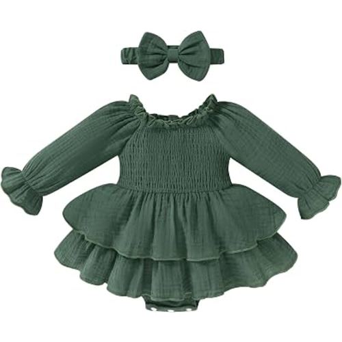Happy Town Baby Girl Romper Cute Infant Girls Cotton Clothes Long Sleeve Dress with Headband Fall Winter Outfits