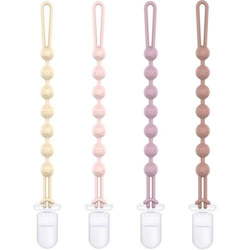 Cuddle Campus Silicone Pacifier Clip Holder with One Piece Design, Pack of 4 Soft Flexible Binky Clips with Texture for Baby Boy and Girl Set 5(6M+ Plastic Clip)