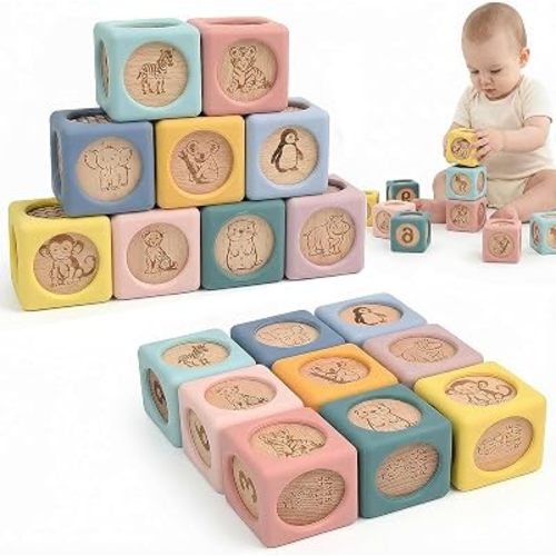 Little Rawr 9 Pcs Baby Silicone & Wooden Stacking Blocks, Food-Grade Silicone Baby Toy with Natural Wood Inserts, Soft Chewable Montessori Blocks for Toddlers, Animal Learning Toy