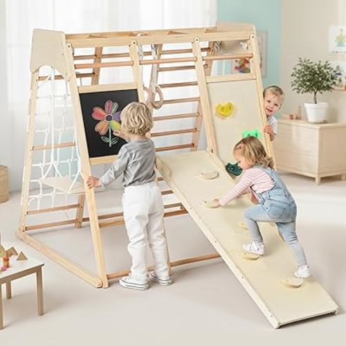 Kinder King 10-in-1 Kids Wooden Climbing Toys, Toddler Jungle Gym w/Drawing Board, Slide, Climbing Rock & Net, Ladder, Monkey Bars, Swing, Gymnastic Rings, Indoor Playground Climber Set, Natural