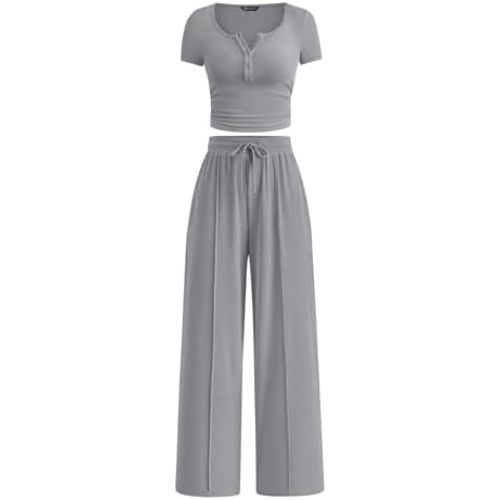 PRETTYGARDEN Womens 2 Piece Outfits Summer 2025 Ribbed Knit Button Short Sleeve Tops Casual Wide Leg Pants Lounge Sets
