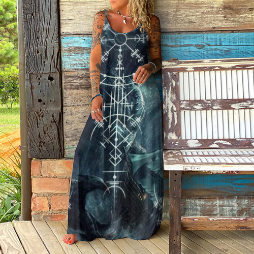 Vintage Viking Print Suspender Casual Maxi Dress