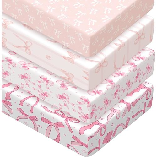 Peryiter 4 Pack Crib Sheets Girl Soft Baby Bed Sheet Set 52'' x 28" Nursery Crib Sheets for Standard Bed for Nursery Decor Baby Boys or Girls(Pink,Pink Bow)