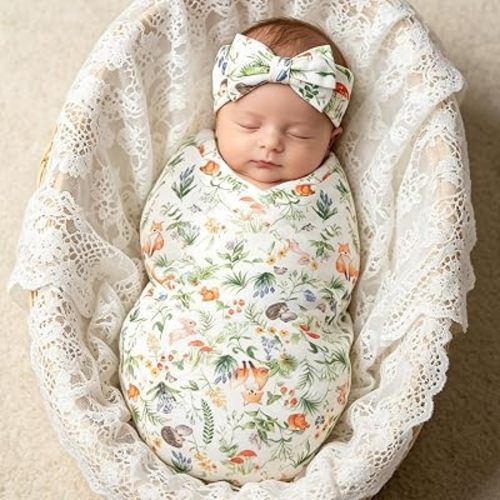 Swaddle Blanket & Bow Headband Set,2PC Newborn Accessories Set,Flower Print Baby Swaddle Blankets (Woodland Critter Floral)