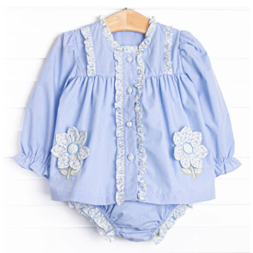 Bleu: Louise Applique Long Sleeve Diaper Set, Blue Gingham – Stitchy Fish
