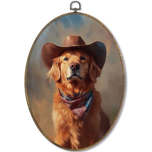 Fewgb Western Cowboy Golden Retriever Oval Wall Art Decor Framed Gifts for Dog Lovers, Cowboy Cowgirl Dog Canvas Wall Art Prints Picture, Golden Retriever Hanging Artwork Room Decor for Bedroom 9x12