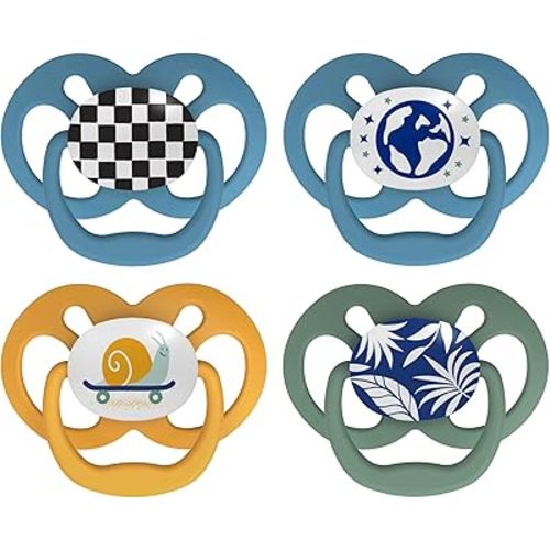 Dr. Brown's Advantage Glow-in-The-Dark Baby Pacifier, Fully Symmetrical Soother with Soft Silicone Bulb, Skateboard Snail-Blue Nature, 6-18m, BPA Free, 4 Pack