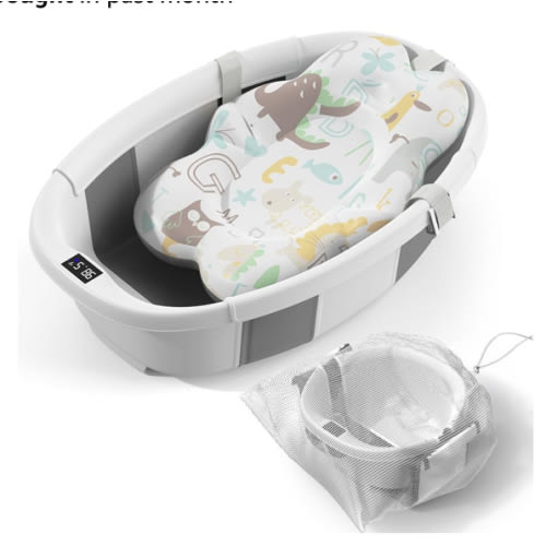 Collapsible Baby Bathtub - Large Baby Bath Tub with Thermometer & Cushion | Travel Portable Newborn Infant Bathtub | Foldable Toddler Bathtub for Baby 0 to 36 Months (Grey)