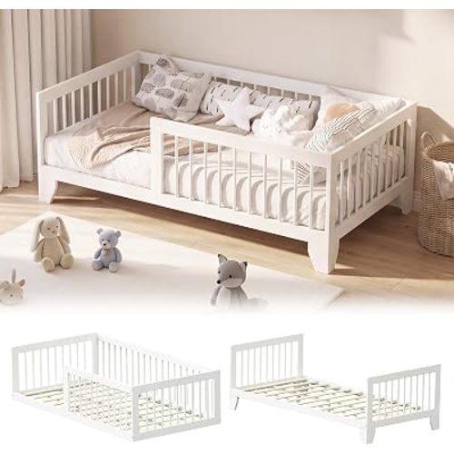 EXPERLAM Twin Montessori Floor Bed for Kids, Removable Rails, White