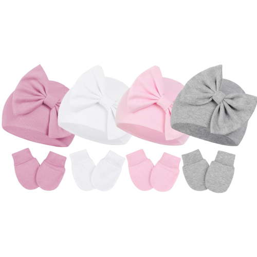 Bow Newborn Hats and Gloves Cute Winter Beanie Todder Girl with Elastic Wrist Baby Girls Mittens Infant Hat and Mitten for Newborn Boy 4 Sets for 0-6 Months