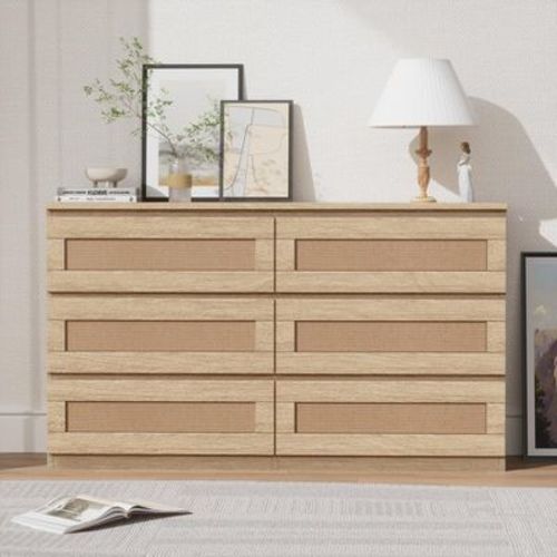 Garvee Rattan 6 Drawer Dresser, Modern Farmhouse Storage Chest with Natural Rattan Panels, Compact Organizer for Bedroom, Entryway, Nursery