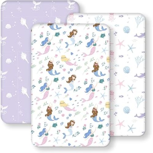 Baby Bedside Bassinet Sheets Fitted, 33”x20” Compatible with Baby Delight Dream On Me & Most Rectangle Bedside Sleeper Bassinet Mattresses, Super Soft Microfiber Purple Mermaid
