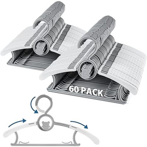 60 Pack Baby Hangers for Closet, Extendable Adjustable Non-Slip Plastic Kid Hanger for Toddler Kids Children Infant Teen,Grey Bear Toddler Hangeres