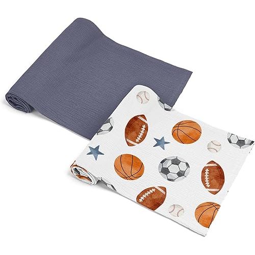 Sweet Jojo Designs 2-Piece Baby Muslin Swaddle Blanket Set (Sports Theme) for Boys, Infant Nursery, Lightweight Cotton Blanket for Newborns (Solid Blue, Watercolor, Vintage Sport Themed, Soccer Balls)