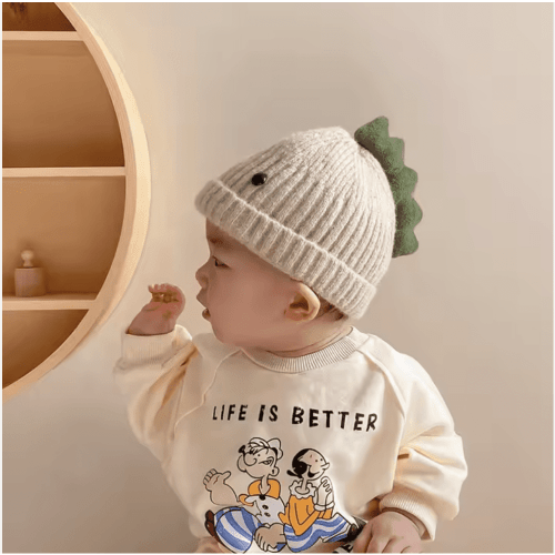 Baby Toddler Autumn and Winter Cute Dinosaur Shape Woolen Beanie Hats Thick Warm Pom Pom Knitted Dinosaur Baby Hats (CREAM)