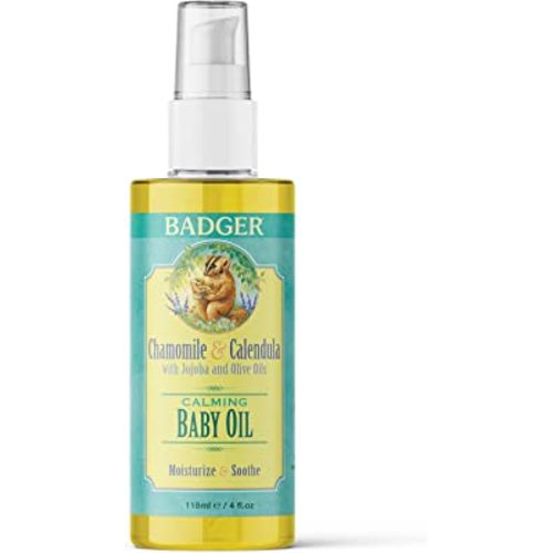 Badger Baby Oil with Chamomile Calendula, All Organic Ingredients, Soften Moisturize with Organic Baby Oil for Dry Skin or Cradle Cap, Soothing Baby Oil for Newborns, 4 fl oz Glass Bottle