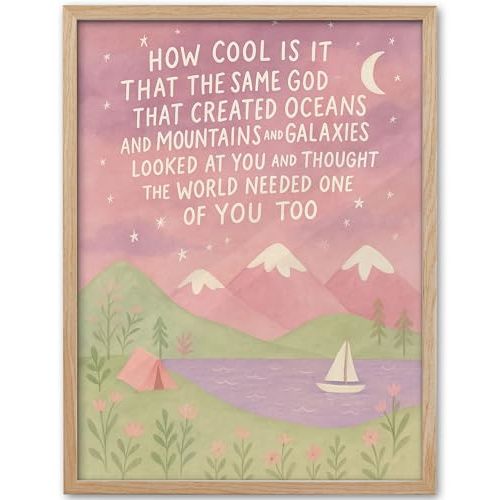 KensTro Natural OAK Wood Same God Creation Framed Wall Art,12x16in Inspirational Christian Bible Canvas Art,Mountain Nursery Decor,Pink Set of 1 for Christian Girl Bedroom Dorm for Girly Adoption Gift