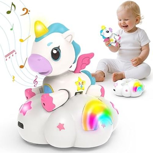 Musical Unicorn Toys for 6 to 12 Months - Baby Crawling Toy with Light-up for 1+ Year Old Girl Boy,Infant Tummy Time Sensory Development Toys with ABC/123 Modes,Birthday Gift 1 Year Old Boys & Girls