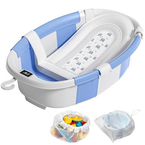 Collapsible Baby Bathtub with Soft Cushion and Thermometer, Newborn to Toddler Tub 0-36 Months with Toy Storage Mesh Bag, Portable Travel Bath for Infants (Blue)