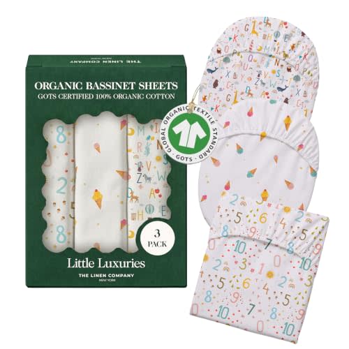 100% Organic Cotton Bassinet Sheets, 33" x 20", Little Learners, 3-Pack | GOTS Certified, Soft Breathable Percale Weave, Universal Fits Standard Oval & Rectangular Mattress - for Boys & Girls