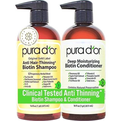 PURA D'OR Anti-Thinning Biotin Shampoo & Conditioner Original Gold Label Set (16oz x2) – CLINICALLY TESTED Formula for Volume, Strength & Thicker-Looking Hair – Helps Reduce Breakage For Women & Men
