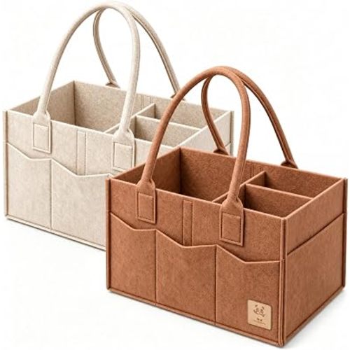 HIPHOP PANDA 2-Pack Diaper Caddy Organizer - Nursery Storage Bin & Car Organizer for Diapers, Wipes, and Baby Essentials - Dual-Color Solid Set (Caramel/Oatmeal), Large Size