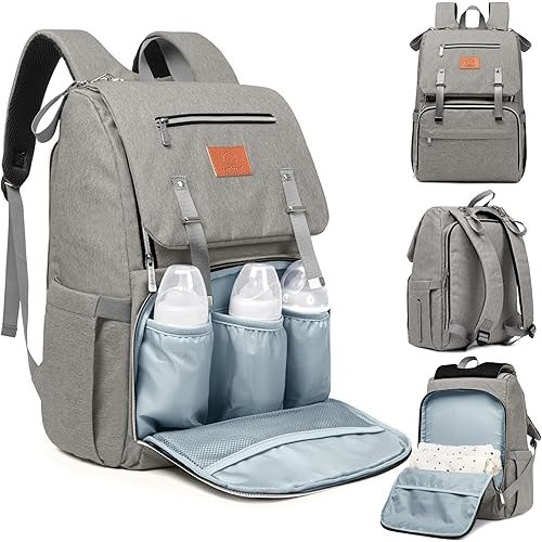 KeaBabies Baby Diaper Bag Backpack with Changing Pad - Waterproof Baby Bag for Mom and Dad, Insulated Bottle Pockets, Durable Toddler, Twin, Boy Girl Diaper Backpack for Travel, Large (Classic Gray)