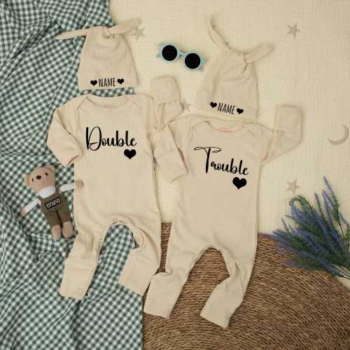 Double Trouble Twin newborn Bodysuit, Funny Twin Romper, Retro Twin Baby Clothes, Announcement Twins, Baby Gift for Twins, Baby Shower Gift