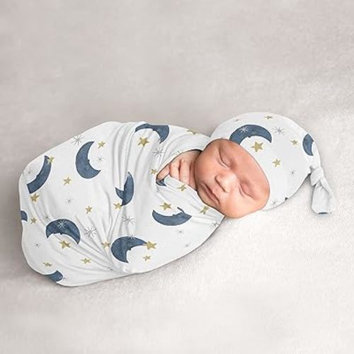 Sweet Jojo Designs Moon Star Baby Boy Girl Cocoon and Beanie Hat Set Jersey Stretch Knit Sleeping Bag Infant Newborn Nursery Sleep Wrap Sack - Navy Blue Gold Watercolor Celestial Sky Gender Neutral