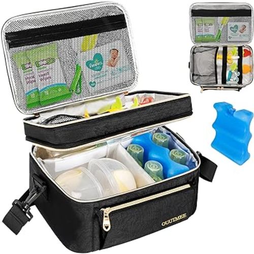 Wearable Breast Pump Bag, Double Layer Breastmilk Cooler Bags Portable Breastfeeding Pumps Carrying Case for Nursing & Working Moms (Ice Pack Included)