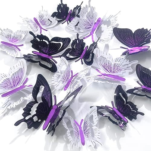 Ewong 3D Butterfly Wall Decoration, 48 Pcs PVC Butterfly Wall Decals Removable Waterproof Sticker Mural Art Home Bedroom Bathroom Office Birthday Party Decor (Purple Black White)