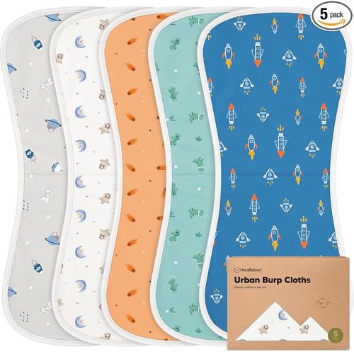 Organic Burp Cloths Baby Boy & Girl - 5-Pack Super Absorbent Cotton Burping Cloths for Babies, Soft & Plush Newborn Spit Up Rags, Infant Towels for Milk Spit Up, Unisex, Large 21" x 10" (Cosmo)