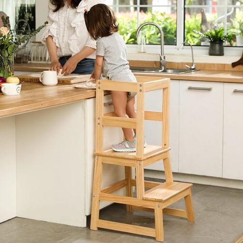 Mangohood Kids Kitchen Step Stool,Baby Standing Tower for Counter and Bathroom Sink,Toddlers Montessori Learning Stool,Children Standing Helper (Natural Upgrade), LT007-V3-HK