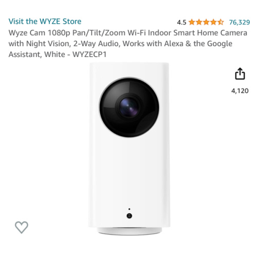 Wyze Cam 1080p Pan/Tilt/Zoom Wi-Fi Indoor Smart Home Camera with Night Vision, 2-Way Audio, Works with Alexa & the Google Assistant, White - WYZECP1