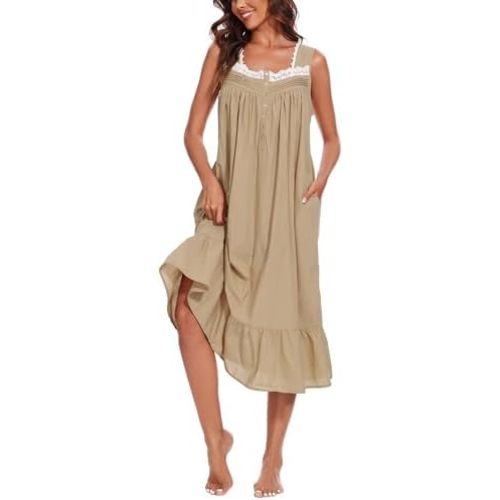 AVIIER 100% Cotton Nightgowns for Women Sleeveless Sleep Dress Ladies Gowns Sleepwear with Pockets