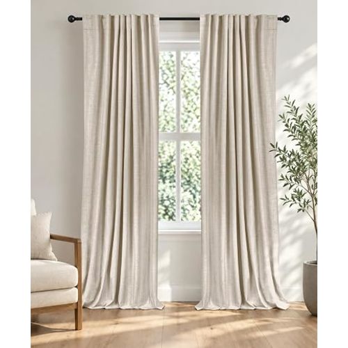 Faux Linen Total Blackout Curtains for Bedroom 96 Inch Long Ivory Beige