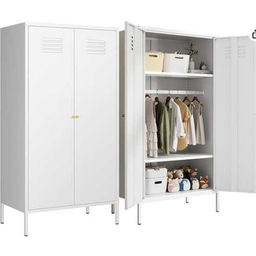 Metal Storage Cabinet with Doors,Tall Locker with Adjustable Hanging Rod and Shelves,Storage Cabinet for Room (White)