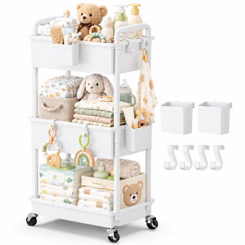 Yeabett 3-Tier Deep Basket Storage Cart with Wheels, Large Capacity Rolling Utility Cart with Lockable Casters,white