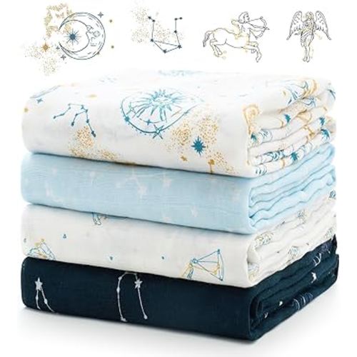 Momcozy Muslin Swaddle Blankets, Ultra Soft Neutral Registry Essentials, Angelic Starlight Zodiac Magic, Breathable Large 47'' x 47'' Newborn Boys Girls Receiving Blanket