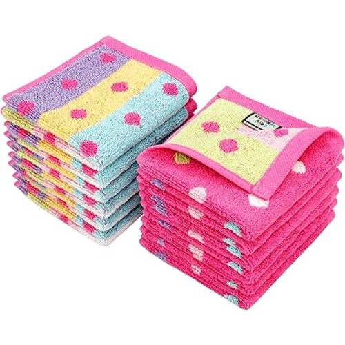 ORIGINAL KIDS Wash Cloth - Bath Time Sugar and Spice Set of 12 Washcloths - 100% Cotton Jacquard Super Soft Colorful Absorbent Quick Dry Easy Care Face Towel Face Cloth Gift - 12x12 - Pink Multicolor