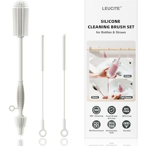 Silicone Cleaning Brush Kit,Water Bottle and Straw Cleaner Brush Set for Tumbler,Baby Bottle,Breast Pump Part,Nipple,Sippy Cup,Glass,Dishwasher Safe,BPA Free,3 Pcs