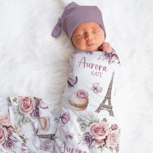 Personalized Eiffel Tower Swaddle Blanket Floral Name Blanket Newborn Baby Girl Coming Home Outfit Hospital Photo Outfit Baby Shower Gift