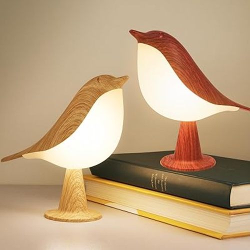 2 Cute Bird Lamps Combo,Small Bedside Lamps with 3 Color Temperature and Adjustable Brightness,Rechargeable Cordless Lamp for Bedroom Nightstand Bedside Table (Wood Tone + Red)